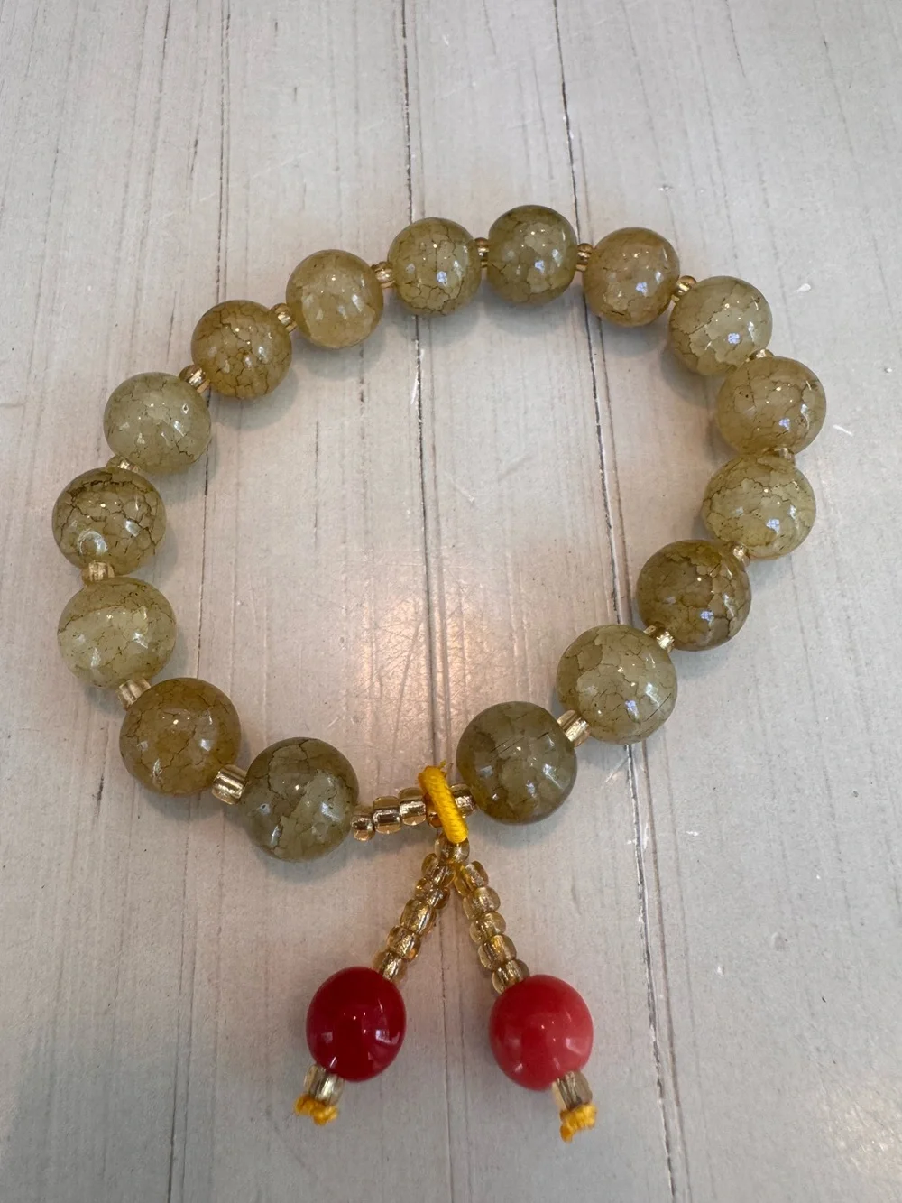 Green & Brown Dragon Vein Agate-Style Beaded Stretch Bracelet w/Red Dangle Charm